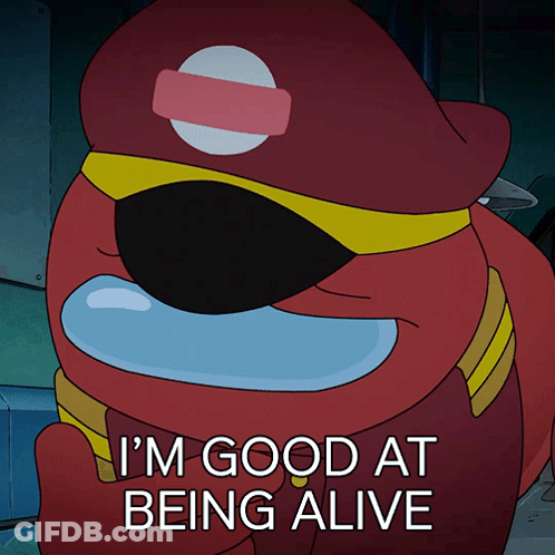 A Red Among Us Character Says " I 'M Good At Being Alive " While Wearing A Red Hat GIF