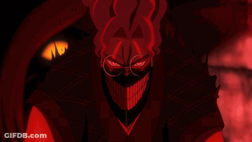 A Red And Black Cartoon Character With Glasses And A Big Mouth GIF
