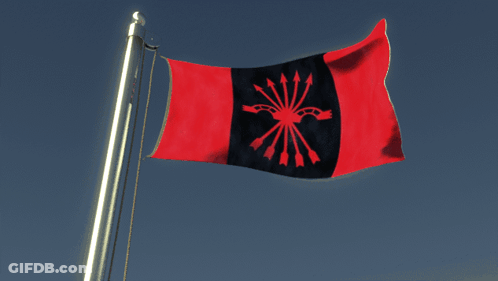 A Red And Black Flag With Arrows On It Flies In The Wind GIF