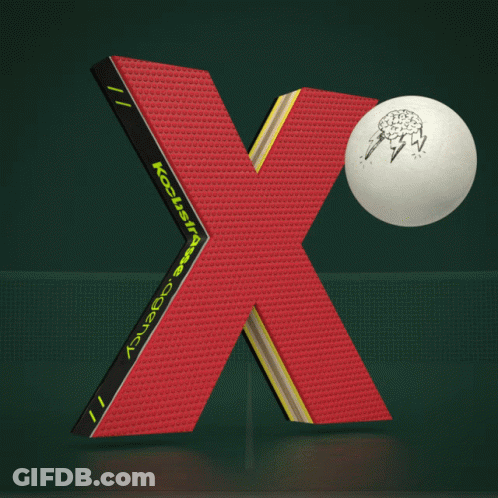 A Red And Black Letter X With A White Ball On It GIF