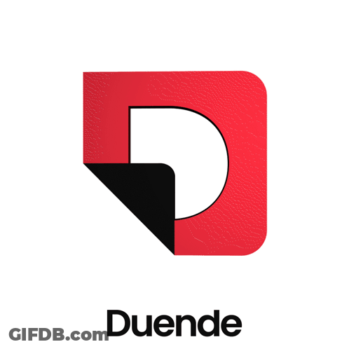 A Red And Black Logo With The Word Duende Below GIF