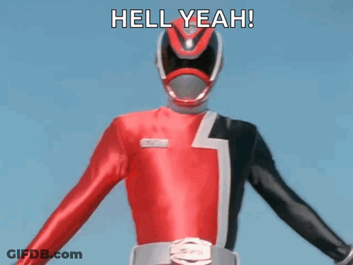 A Red And Black Power Ranger Is Standing In Front Of A Blue Sky With The Words `` Hell Yeah ! '' GIF