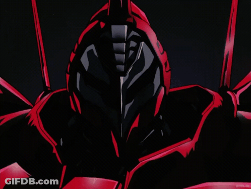 A Red And Black Robot With Red Eyes Is Displayed On An Anime.to Website GIF