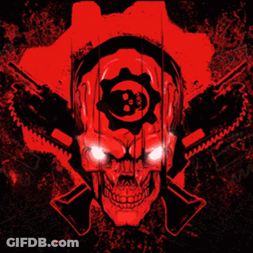 A Red And Black Skull With Gears And Guns On It GIF