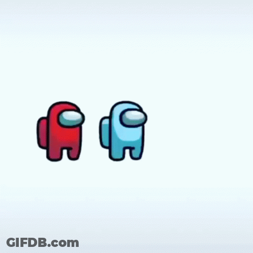 A Red And Blue Among Us Character With The Word Among Us On A White Background GIF