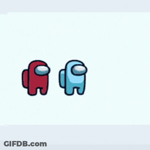 A Red And Blue Among Us Character With The Word Among Us Written On It . GIF