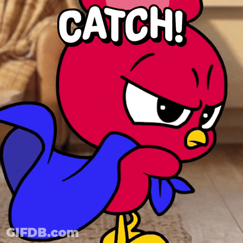A Red And Blue Cartoon Character With The Word Catch Written On It GIF