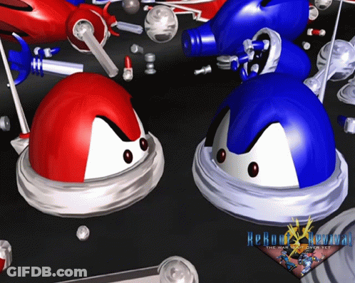 A Red And Blue Cartoon Character With The Word Retro On The Bottom Right GIF