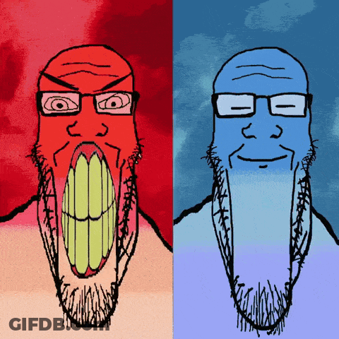 A Red And Blue Drawing Of A Man With A Beard And Glasses GIF