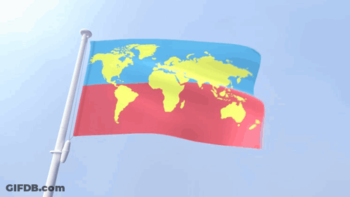 A Red And Blue Flag With A Yellow Map Of The World On It GIF