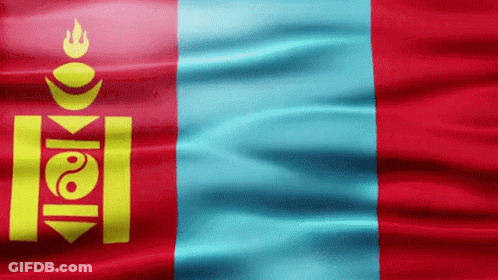 A Red And Blue Flag With A Yellow Symbol That Says ' Mongolia ' On It GIF