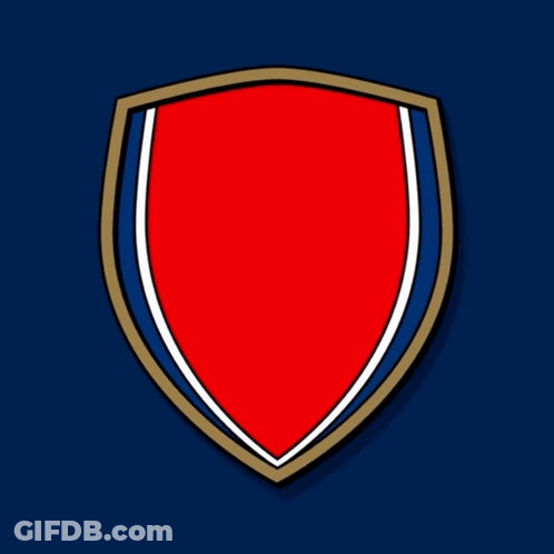 A Red And Blue Shield With A Bottle Inside GIF
