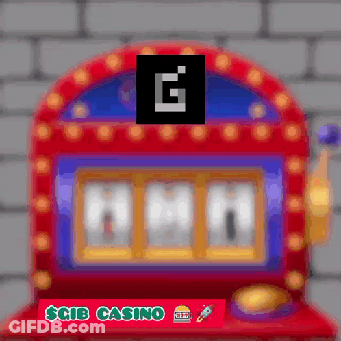 A Red And Blue Slot Machine With A Sign That Says $ Cib Casino GIF