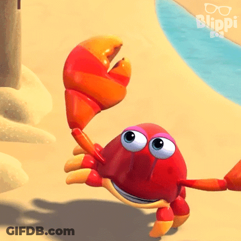 A Red And Orange Crab Is On A Beach With The Word Blippi On The Bottom GIF