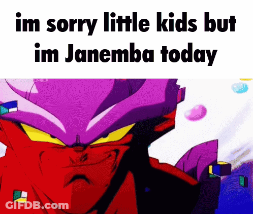 A Red And Purple Cartoon Character With The Words Im Sorry Little Kids But Im Janemba Today GIF