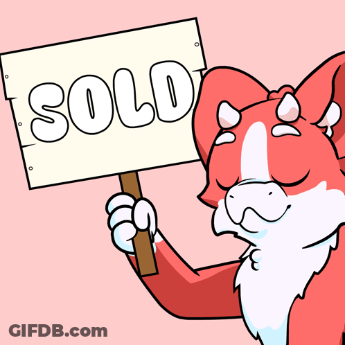 A Red And White Animal Is Holding Up A Sold Sign GIF