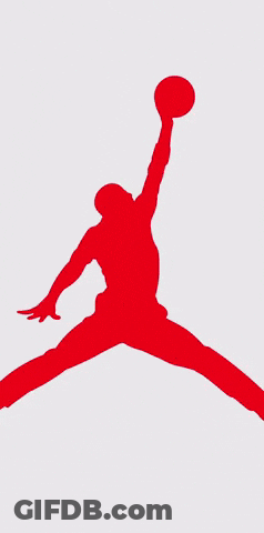 A Red And White Background With A Silhouette Of A Person Jumping In The Air GIF