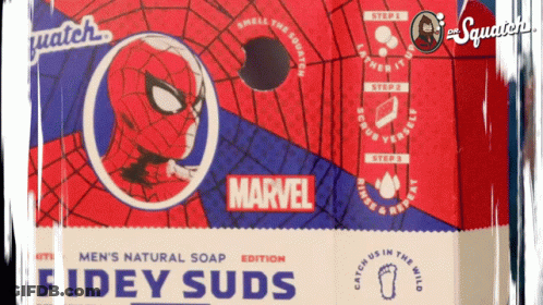A Red And White Box With A Spider Man On It That Says ' Fidey Suds ' GIF