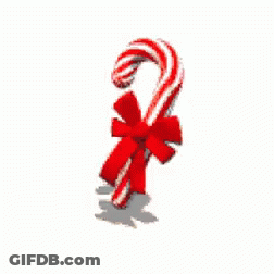 A Red And White Candy Cane With A Red Bow On A White Background GIF