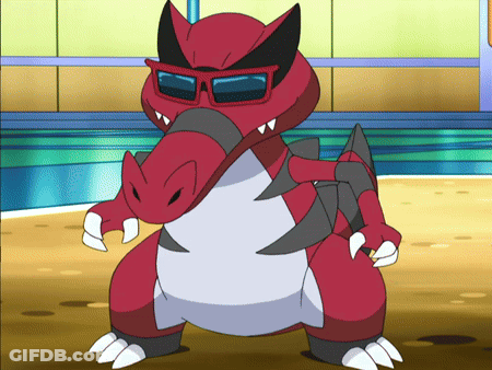 A Red And White Cartoon Character With Sunglasses On His Head GIF