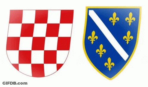 A Red And White Checkered Shield And A Blue Shield With Yellow Fleur De Lis On It GIF
