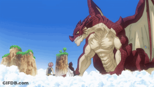 A Red And White Dragon Is Flying Through The Sky GIF