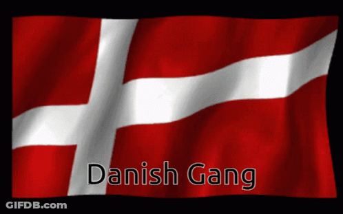 A Red And White Flag With The Words Danish Gang Written On It GIF