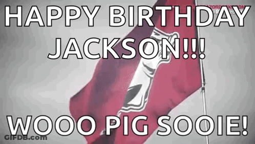 A Red And White Flag With The Words Happy Birthday Jackson !!! Wooo Pig Sooie GIF