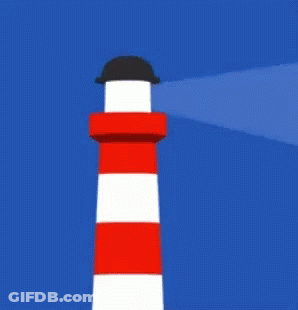 A Red And White Lighthouse With A Black Hat On Top Of It GIF