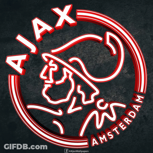 A Red And White Logo For Ajax Amsterdam With A Lion In The Center GIF