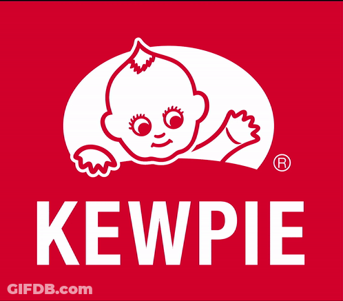 A Red And White Logo For Kewdie Shows A Baby On A Red Background GIF