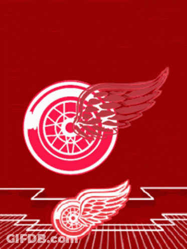 A Red And White Logo With A Wheel And Wings GIF