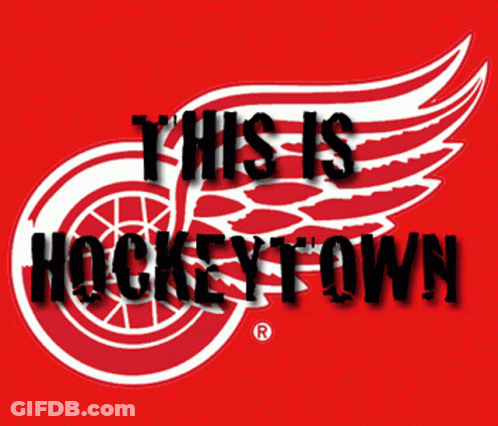A Red And White Logo With The Words This Is Hockeytown On It GIF