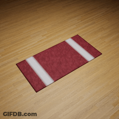 A Red And White Rug On A Wood Floor GIF