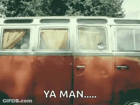A Red And White Van With The Words Ya Man Written On The Side GIF