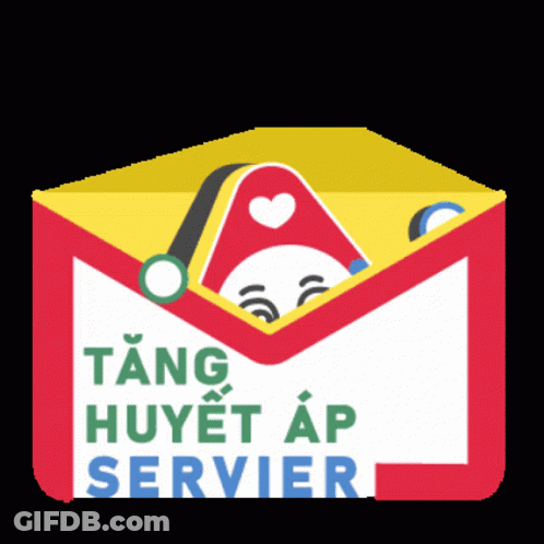 A Red And Yellow Envelope With A Face And The Words Tang Huyet Ap Servier GIF