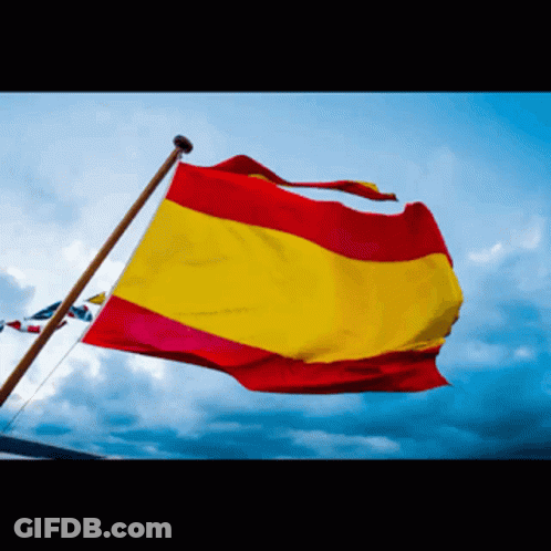A Red And Yellow Flag Is Waving In The Wind Against A Cloudy Sky GIF