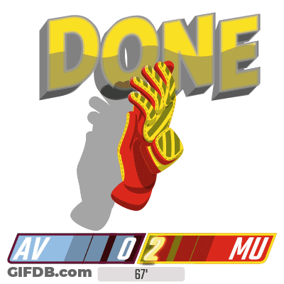 A Red And Yellow Glove With The Word Done In Yellow Behind It GIF