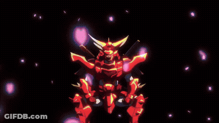 A Red And Yellow Robot With Horns And A Sword . GIF