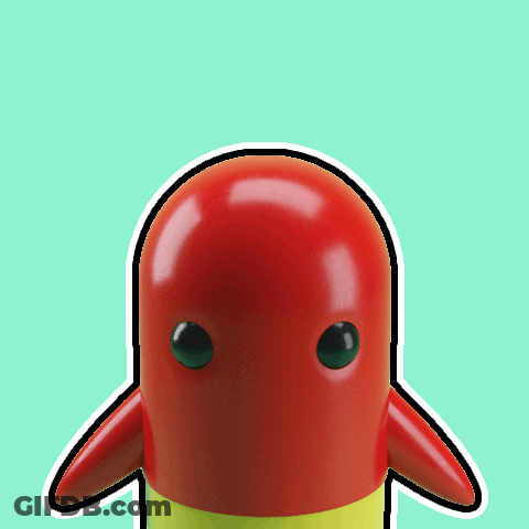 A Red And Yellow Toy With Green Eyes And A Yellow Tail GIF