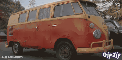 A Red And Yellow Van Is Parked In A Parking Lot With The Words Gif Jif On The Bottom GIF