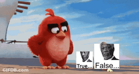A Red Angry Bird Is Standing Next To A Picture Of A Man With The Words True And False Behind It GIF
