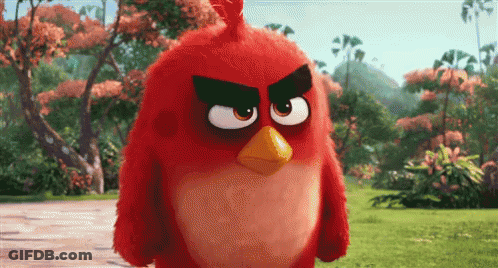 A Red Angry Bird With A Yellow Beak Is Standing In A Field GIF