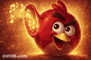 A Red Angry Bird With Music Notes Coming Out Of Its Wing GIF