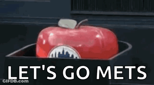 A Red Apple Is Sitting In A Trash Can With The Words `` Let 'S Go Mets '' Written Above It . GIF