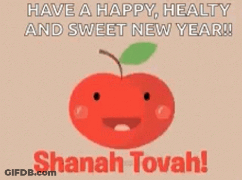 A Red Apple With A Face On It And The Words `` Have A Happy Healthy And Sweet New Year ! '' GIF