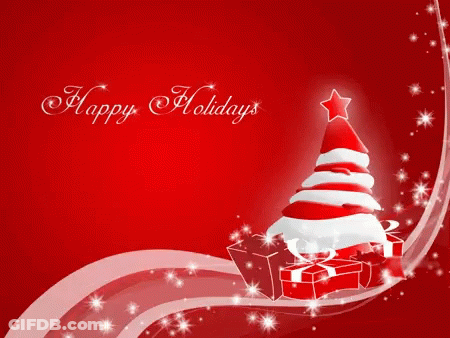 A Red Background With A Christmas Tree And Gifts And The Words Happy Holidays GIF