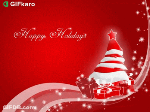 A Red Background With A Christmas Tree And The Words " Happy Holidays " GIF