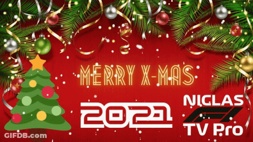 A Red Background With A Christmas Tree And The Words Merry X-Mas 2021 On It GIF