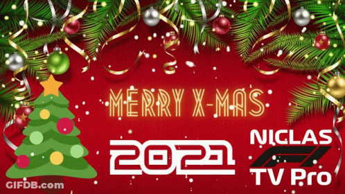 A Red Background With A Christmas Tree And The Words Merry Xmas 2021 GIF